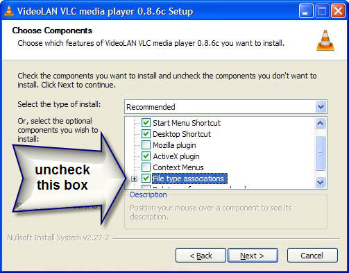 VideoLAN Choose Components dialoge box.